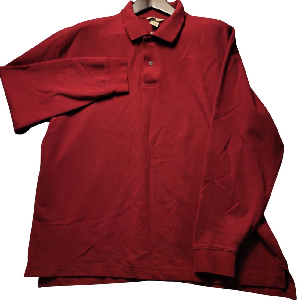 L.L. Bean Polo Shirt Mens XL Red Long Sleeve Wrinkle Resistant Double L Cotton